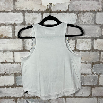 Rear View of Skater print tattoo sleeves Racerback Unwantee Tank Top upcycled by Unwantees, sustainable fashion made in great Britain from vintage graphic tshirt 