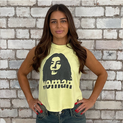 Graphic tshirt Yoko Ono upcycled by Unwantees recycled tshirt otherwise destined for landfill.  Graphic tshirt recycled into sleeveless vest top, sustainable upcycled fashion, British recycled grunge brand, slow fashion, John Lennon Punk Rock music style graphic tshirt upcycled by Unwantees, Racerback tank top, upcycled in the UK by unwantees. Sustainable upcycled fashion