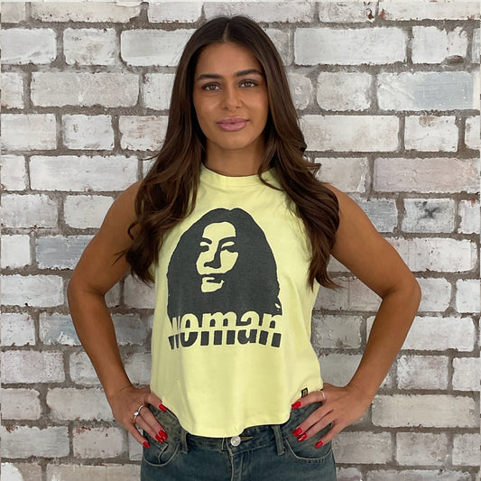 Graphic tshirt Yoko Ono upcycled by Unwantees recycled tshirt otherwise destined for landfill.  Graphic tshirt recycled into sleeveless vest top, sustainable upcycled fashion, British recycled grunge brand, slow fashion, John Lennon Punk Rock music style graphic tshirt upcycled by Unwantees, Racerback tank top, upcycled in the UK by unwantees. Sustainable upcycled fashion