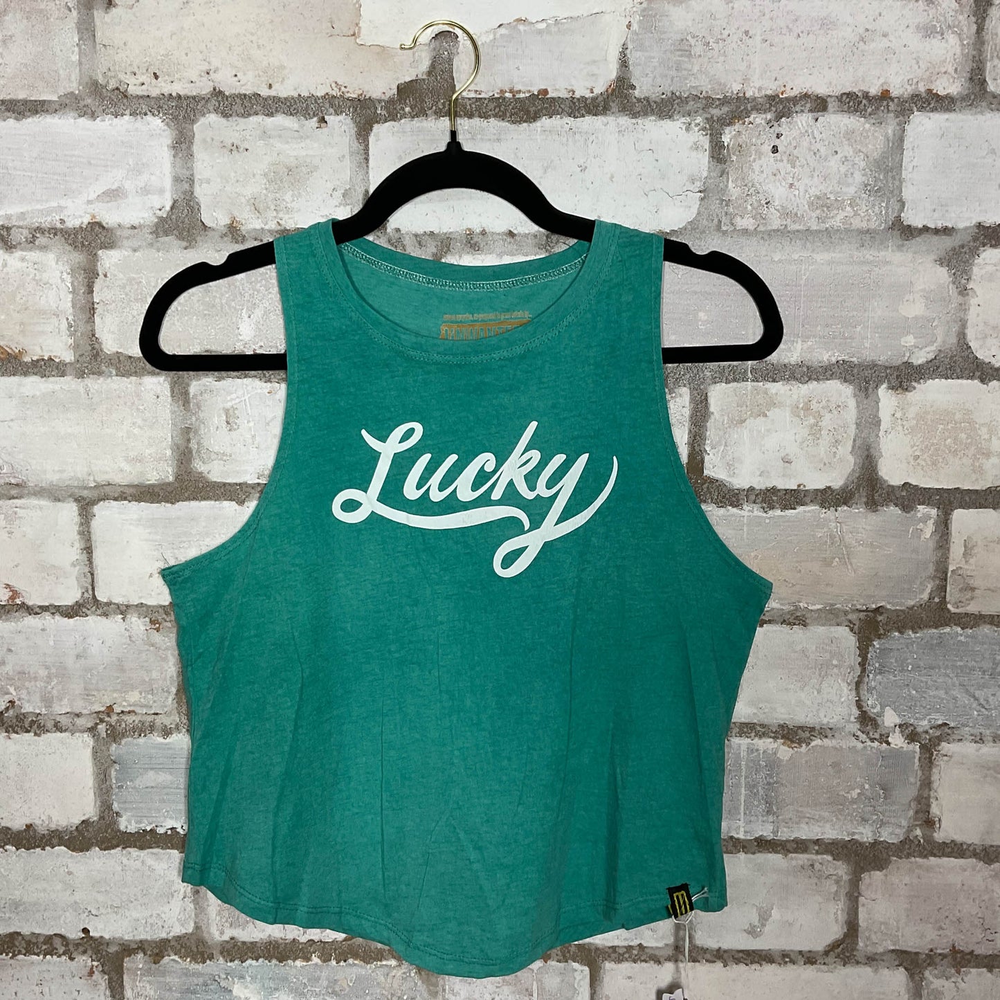 Lucky Print on Teal Unwantee Tank Top upcycled by Unwantees, sustainable fashion made in great Britain from vintage graphic tshirt 
