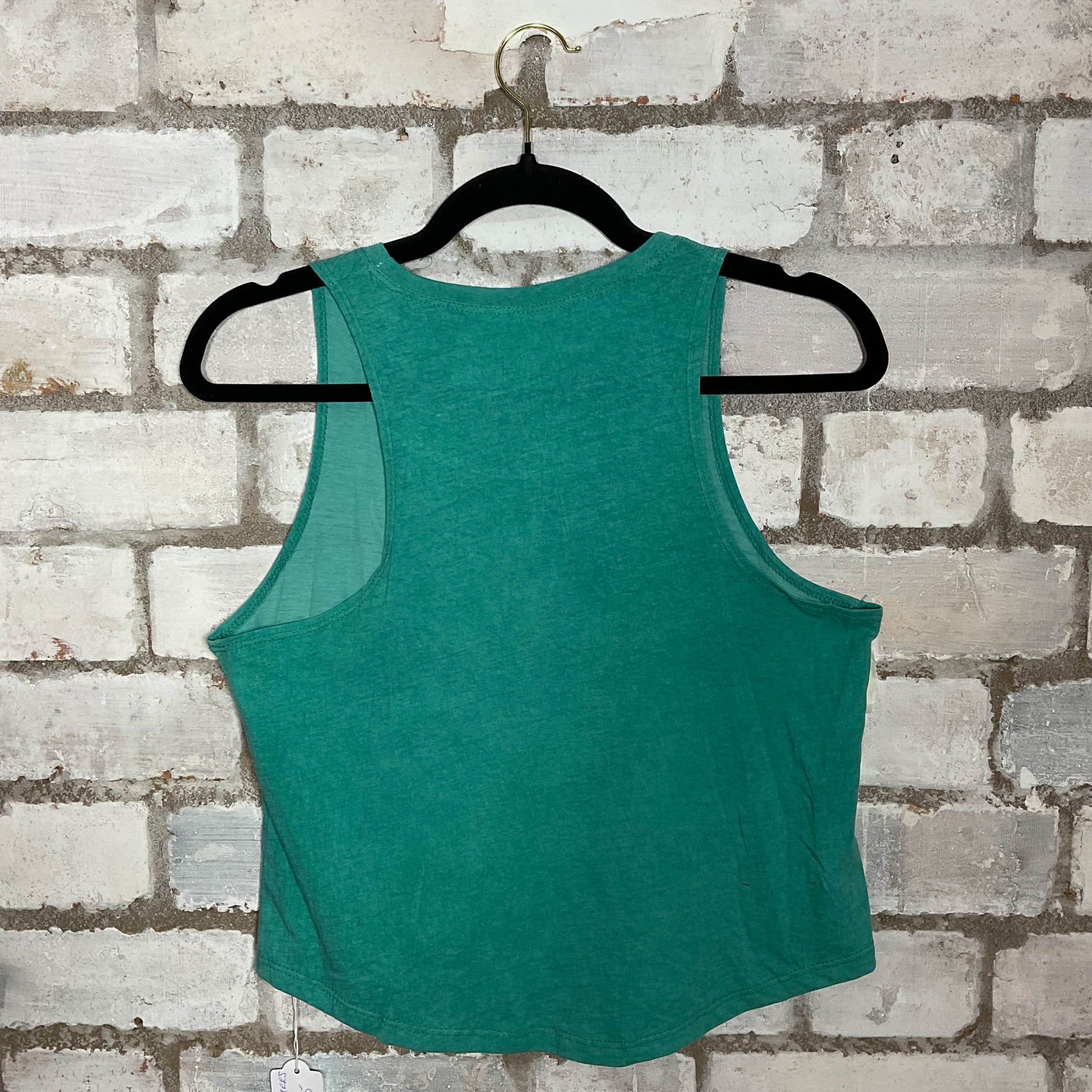 Lucky Print on Teal Unwantee Tank Top upcycled by Unwantees, sustainable fashion made in great Britain from vintage graphic tshirt back view