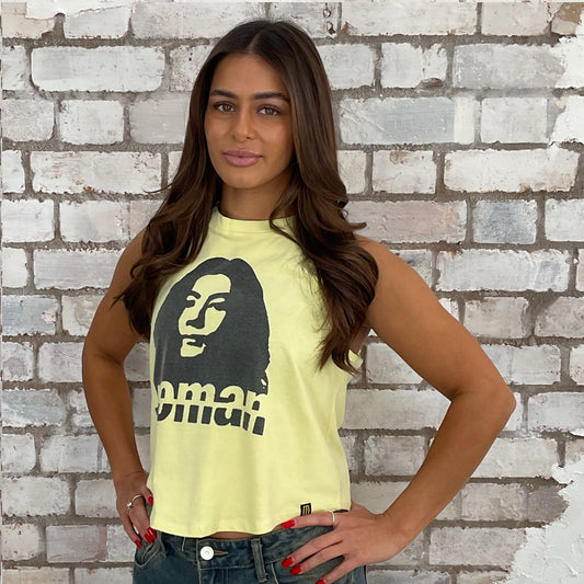 Woman, Yoko Ono Graphic tshirt upcycled by Unwantees recycled tshirt otherwise destined for landfill.  Graphic tshirt recycled into sleeveless vest top, sustainable upcycled fashion, British recycled grunge brand, slow fashion, John Lennon Punk Rock music style graphic tshirt upcycled by Unwantees, Racerback tank top, upcycled in the UK by unwantees. Sustainable upcycled fashion