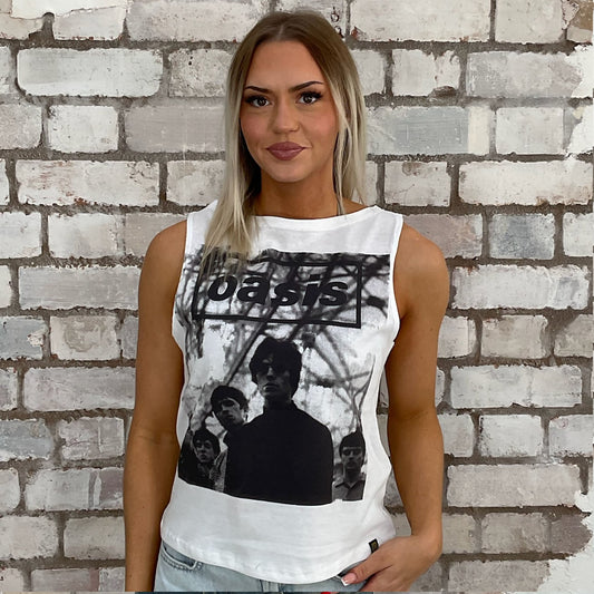 Oasis band photo Graphic tshirt upcycled by Unwantees recycled tshirt otherwise destined for landfill.  Graphic tshirt recycled into sleeveless vest top, sustainable upcycled fashion, British recycled grunge brand, slow fashion, Oasis Band, Punk Rock music style graphic tshirt upcycled by Unwantees, Slash Neck tank top, upcycled in the UK by unwantees. Sustainable upcycled fashion