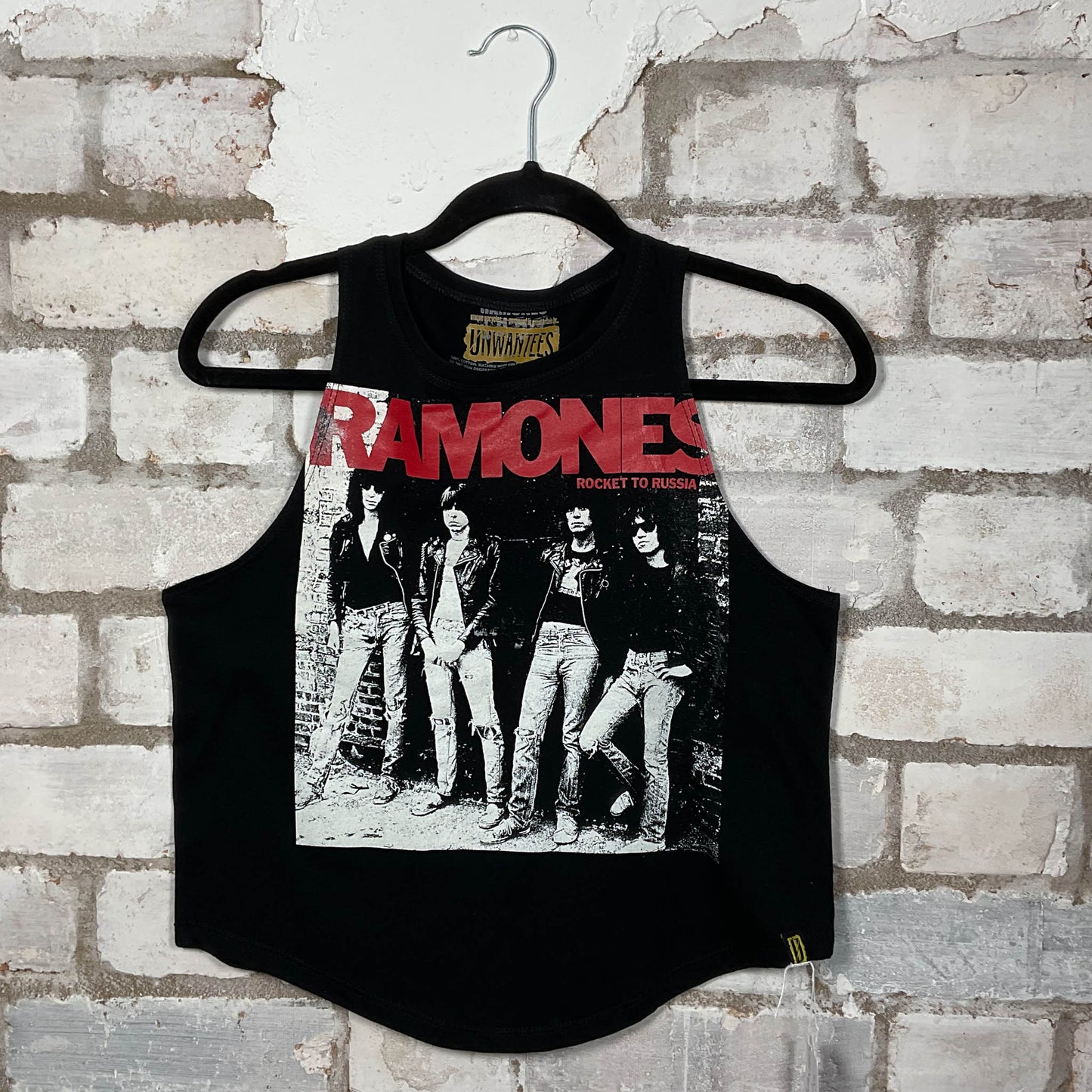 Ramones band graphics Rocket to Russia on a black cotton Racerback Tank Top upcycled by Unwantees, sustainable fashion made in Great Britain from vintage graphic tshirt 