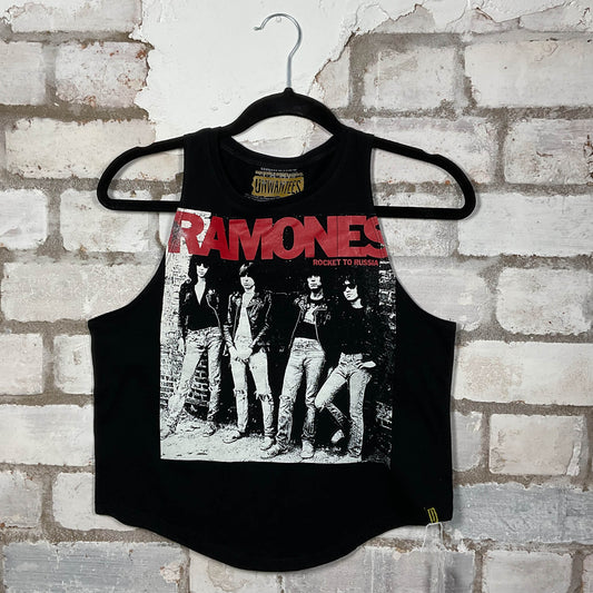 Ramones band graphics Rocket to Russia on a black cotton Racerback Tank Top upcycled by Unwantees, sustainable fashion made in Great Britain from vintage graphic tshirt 