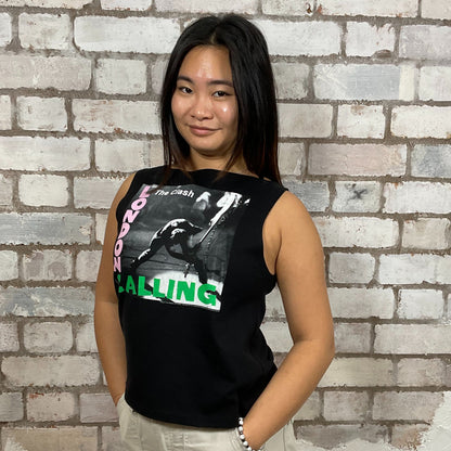 The Clash, London Calling graphic print, 100% cotton fabric, Unwantee made from upcycled and deconstructed graphic tshirt, punk rock style street wear, athleisure wear, unwantees is a sustainable fashion brand, we take unwanted graphic tshirts otherwise destined for landfill and recycle clothing into vest tops for sports wear or leisure.  Refashioned band merch, Slash Neck Sleeveless Top