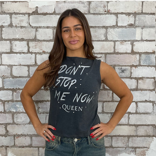 Don’t Stop me now Text Graphic tshirt recycled into sleeveless vest top, sustainable upcycled fashion, British recycled grunge brand, slow fashion, Punk Rock music style graphic tshirt upcycled by Unwantees, Slash Neck tank top, upcycled in the UK by unwantees. Sustainable upcycled fashion.  Queen band photo Graphic tshirt upcycled by Unwantees recycled tshirt otherwise destined for landfill.  