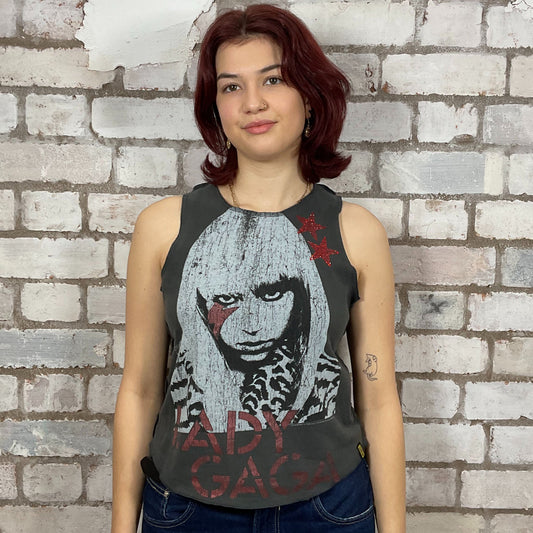 Lady Gaga, Sting Tribute graphic print, 100% cotton fabric, Unwantee made from upcycled and deconstructed graphic tshirt, punk rock style street wear, athleisure wear, unwantees is a sustainable fashion brand, we take unwanted graphic tshirts otherwise destined for landfill and recycle clothing into vest tops for sports wear or leisure.  Refashioned band merch, Slash Neck Sleeveless Top