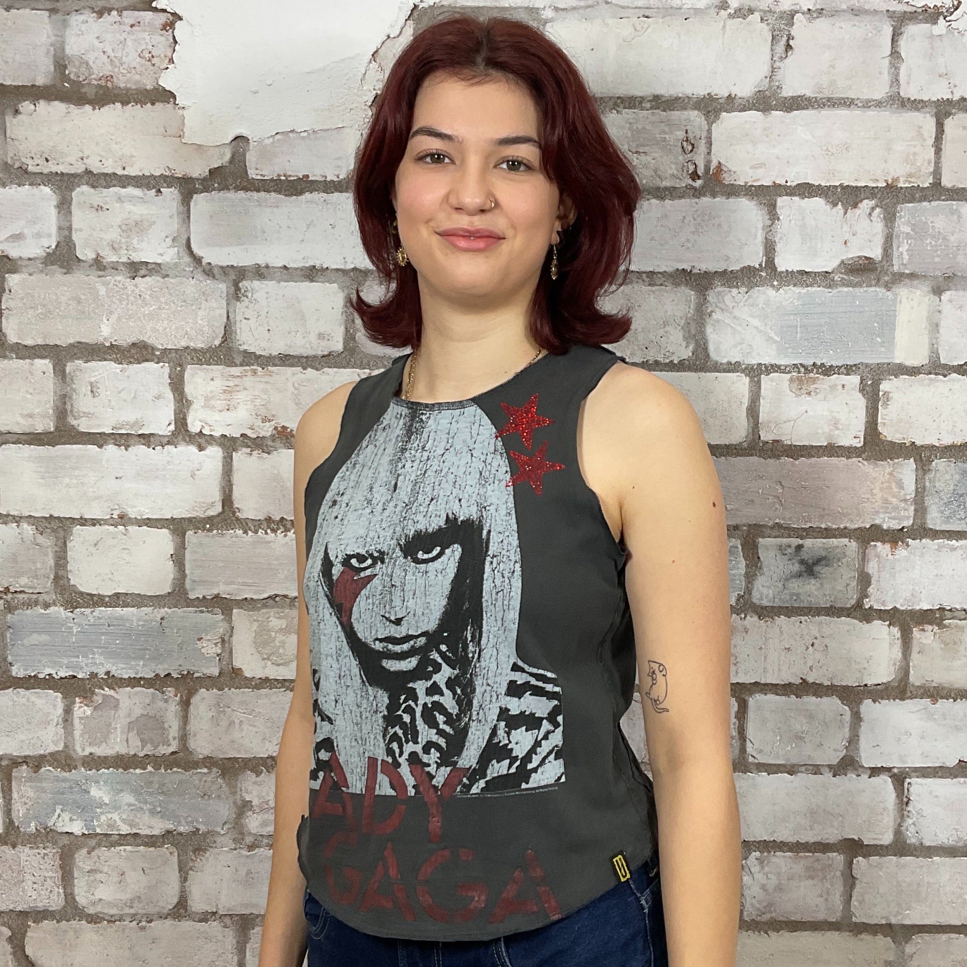 Lady Gaga, Sting Tribute graphic print with rhinestones, 100% cotton fabric, Unwantee made from upcycled and deconstructed graphic tshirt, punk rock style street wear, athleisure wear, unwantees is a sustainable fashion brand, we take unwanted graphic tshirts otherwise destined for landfill and recycle clothing into vest tops for sports wear or leisure.  Refashioned band merch, Slash Neck Sleeveless Top