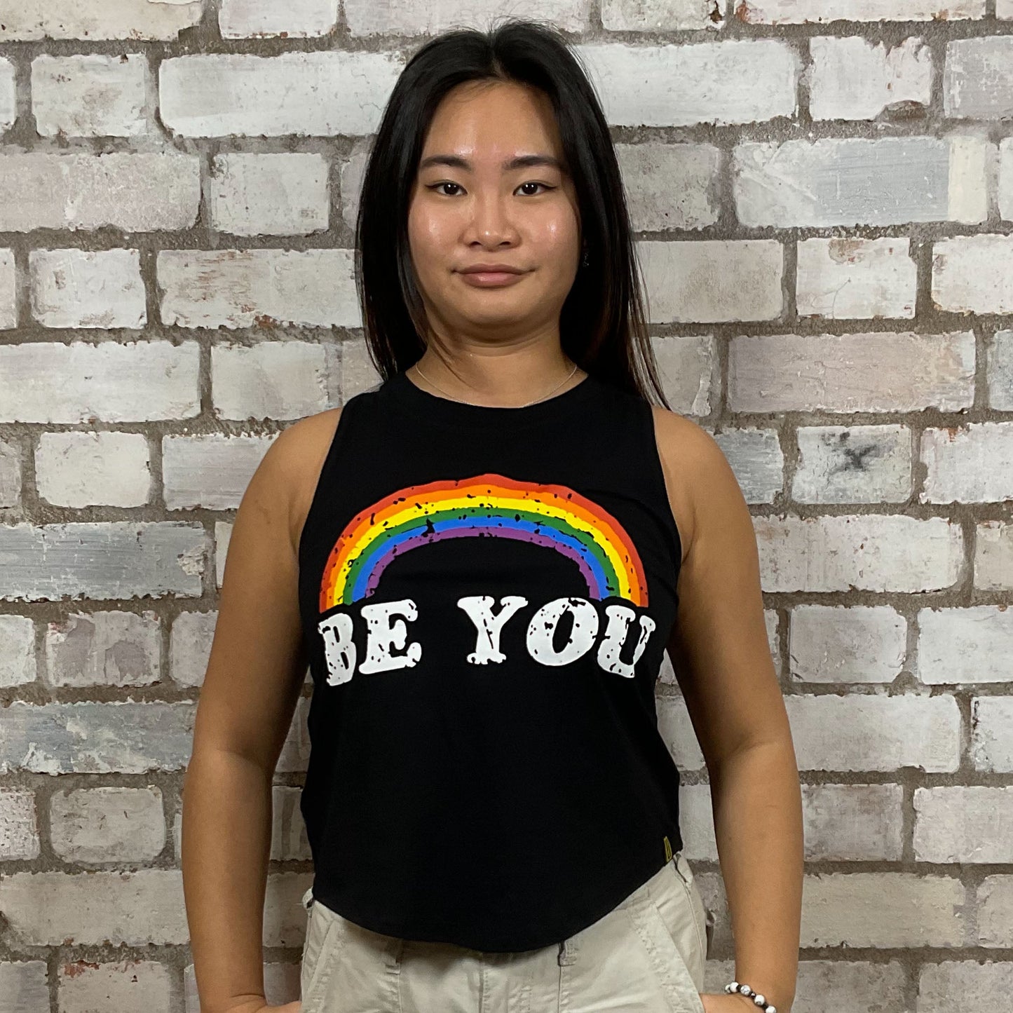 Be You Rainbow graphic print, 100% cotton fabric, Unwantee made from upcycled and deconstructed graphic tshirt, punk rock style street wear, athleisure wear, unwantees is a sustainable fashion brand, we take unwanted graphic tshirts otherwise destined for landfill and recycle clothing into vest tops for sports wear or leisure.  Refashioned band merch, Slash Neck Sleeveless Top
