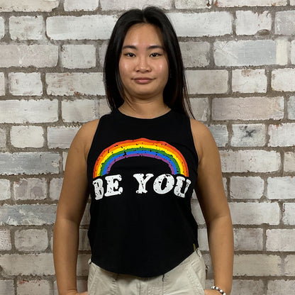 Be You Rainbow graphic print, 100% cotton fabric, Unwantee made from upcycled and deconstructed graphic tshirt, punk rock style street wear, athleisure wear, unwantees is a sustainable fashion brand, we take unwanted graphic tshirts otherwise destined for landfill and recycle clothing into vest tops for sports wear or leisure.  Refashioned band merch, Slash Neck Sleeveless Top