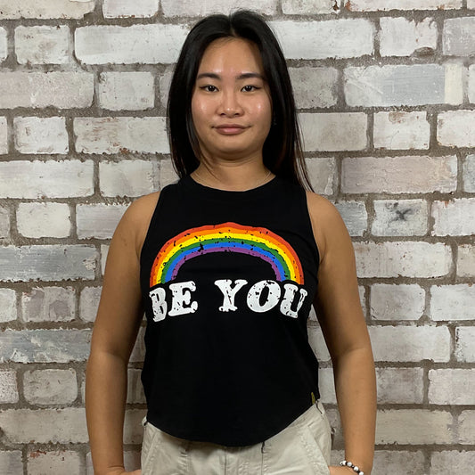 Be You Rainbow graphic print, 100% cotton fabric, Unwantee made from upcycled and deconstructed graphic tshirt, punk rock style street wear, athleisure wear, unwantees is a sustainable fashion brand, we take unwanted graphic tshirts otherwise destined for landfill and recycle clothing into vest tops for sports wear or leisure.  Refashioned band merch, Slash Neck Sleeveless Top