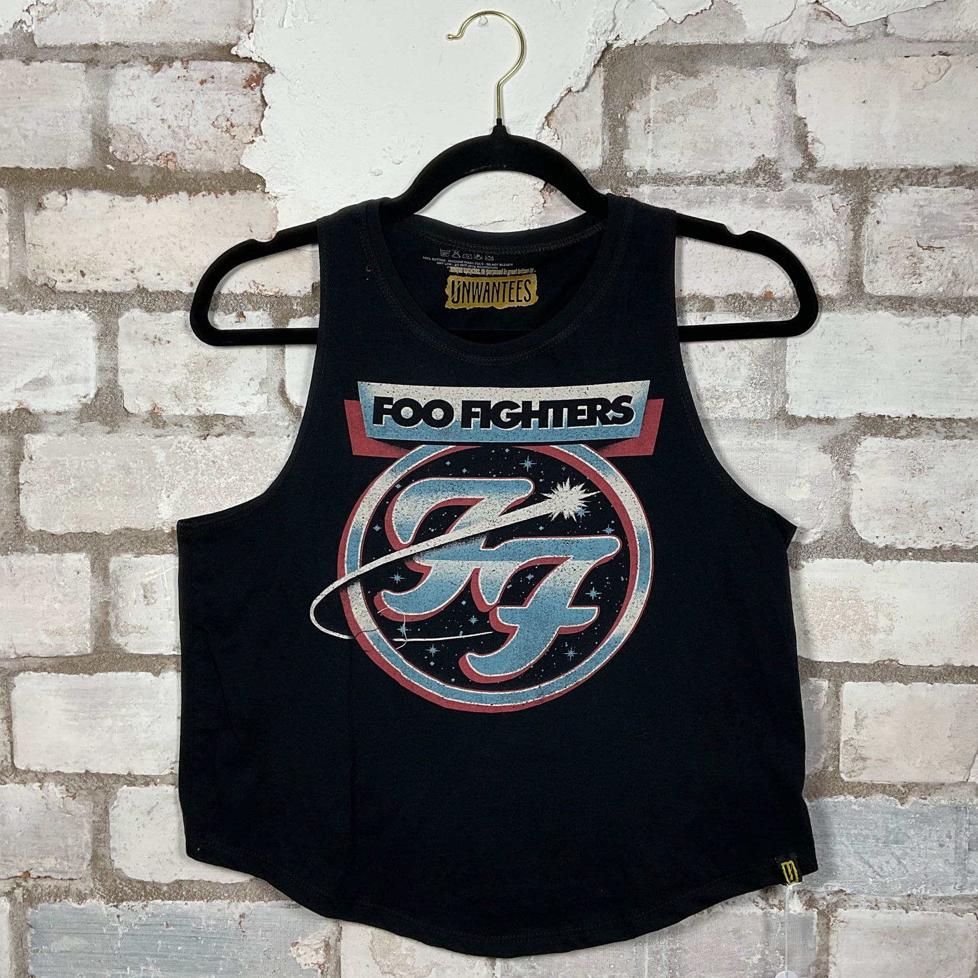 Foo Fighters band graphics on a black cotton Racerback Tank Top upcycled by Unwantees, sustainable fashion made in Great Britain from vintage graphic tshirt 