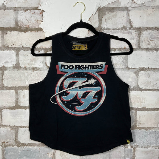 Foo Fighters band graphics on a black cotton Racerback Tank Top upcycled by Unwantees, sustainable fashion made in Great Britain from vintage graphic tshirt 