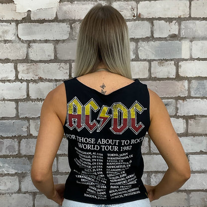 Graphic tshirt recycled into sleeveless Slash Neck vest top, sustainable upcycled fashion, British recycled grunge brand, slow fashion, Punk Rock music style graphic tshirt upcycled by Unwantees, ACDC 1982 Tour Photo tshirt upcycled in the UK by unwantees. Sustainable upcycled fashion. Graphic tshirt upcycled by Unwantees recycled tshirt otherwise destined for landfill.  