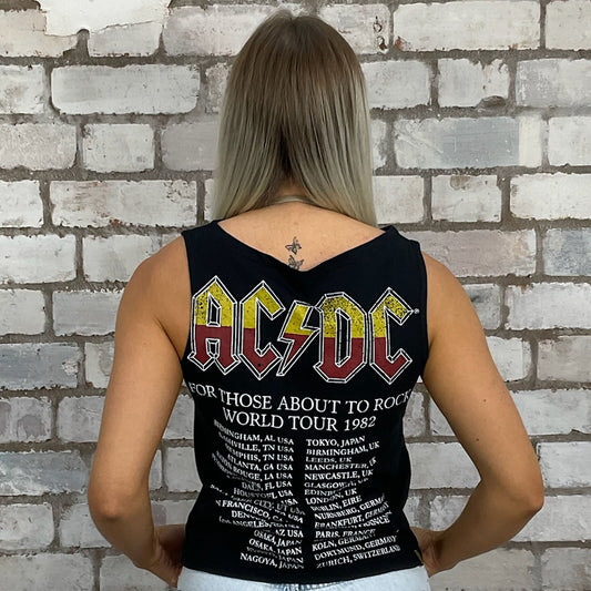 Graphic tshirt recycled into sleeveless Slash Neck vest top, sustainable upcycled fashion, British recycled grunge brand, slow fashion, Punk Rock music style graphic tshirt upcycled by Unwantees, ACDC 1982 Tour Photo tshirt upcycled in the UK by unwantees. Sustainable upcycled fashion. Graphic tshirt upcycled by Unwantees recycled tshirt otherwise destined for landfill.  