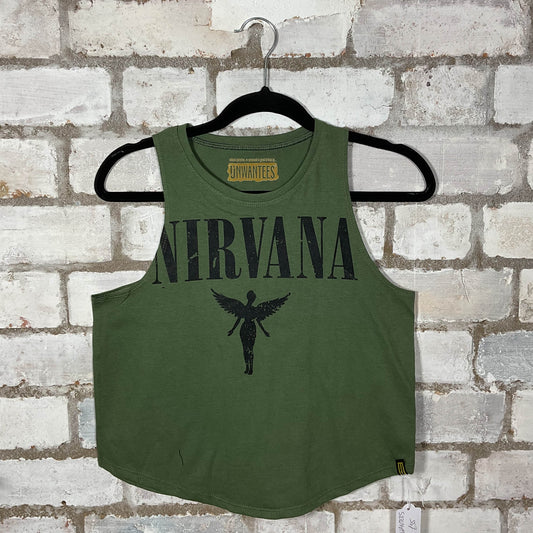 Nirvana Khaki Racerback Unwantee Upcycle Tank Top upcycled by Unwantees, sustainable fashion made in great Britain from vintage graphic tshirt