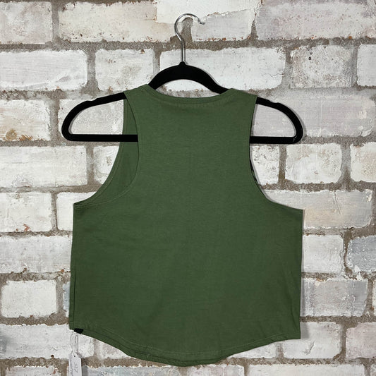 Nirvana Khaki Racerback Unwantee Upcycle Tank Top upcycled by Unwantees, sustainable fashion made in great Britain from vintage graphic tshirt back view