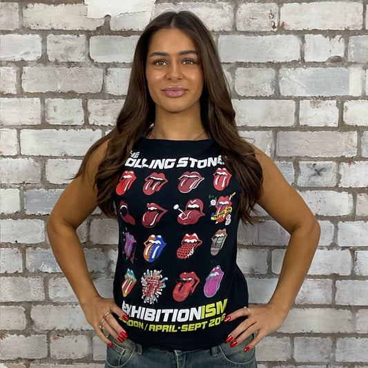 Rolling Stones London tour band tshirt recycled into sleeveless Slash Neck vest top, sustainable upcycled fashion, British recycled grunge brand, slow fashion, Punk Rock music style graphic tshirt upcycled by Unwantees, Rock Tour tshirt upcycled in the UK by unwantees. Sustainable upcycled fashion. Graphic tshirt upcycled by Unwantees recycled tshirt otherwise destined for landfill.  