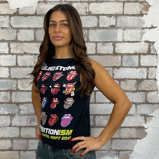 Rolling Stones Rock and Roll all Night London Exhibitionism tour band tshirt recycled into sleeveless Slash Neck vest top, sustainable upcycled fashion, British recycled grunge brand, slow fashion, Punk Rock music style graphic tshirt upcycled by Unwantees, Rock and Roll all Night Tour tshirt upcycled in the UK by unwantees. Sustainable upcycled fashion. Graphic tshirt upcycled by Unwantees recycled tshirt otherwise destined for landfill.  