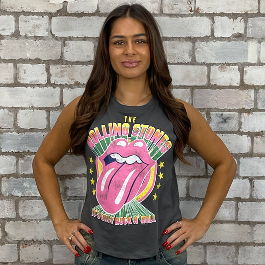 Rolling Stones band vibrant print on grey tshirt recycled into sleeveless Racerback vest top, sustainable upcycled fashion, British recycled grunge brand, slow fashion, Punk Rock music style graphic tshirt upcycled by Unwantees, tshirt upcycled in the UK by unwantees. Sustainable upcycled fashion. Graphic tshirt upcycled by Unwantees recycled tshirt otherwise destined for landfill.  