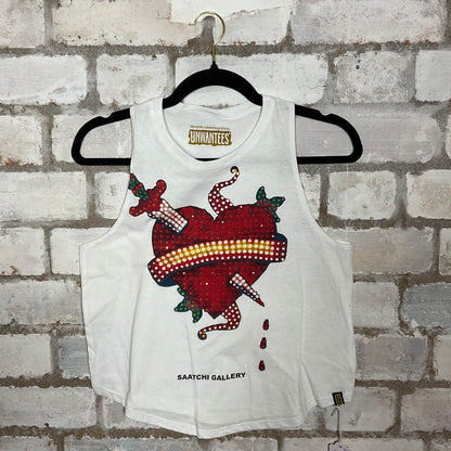 Saatchi Gallery White Racerback Unwantee Upcycle Tank Top upcycled by Unwantees, sustainable fashion made in great Britain from vintage graphic tshirt rear view
