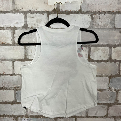 Saatchi Gallery White Racerback Unwantee Upcycle Tank Top upcycled by Unwantees, sustainable fashion made in great Britain from vintage graphic tshirt 