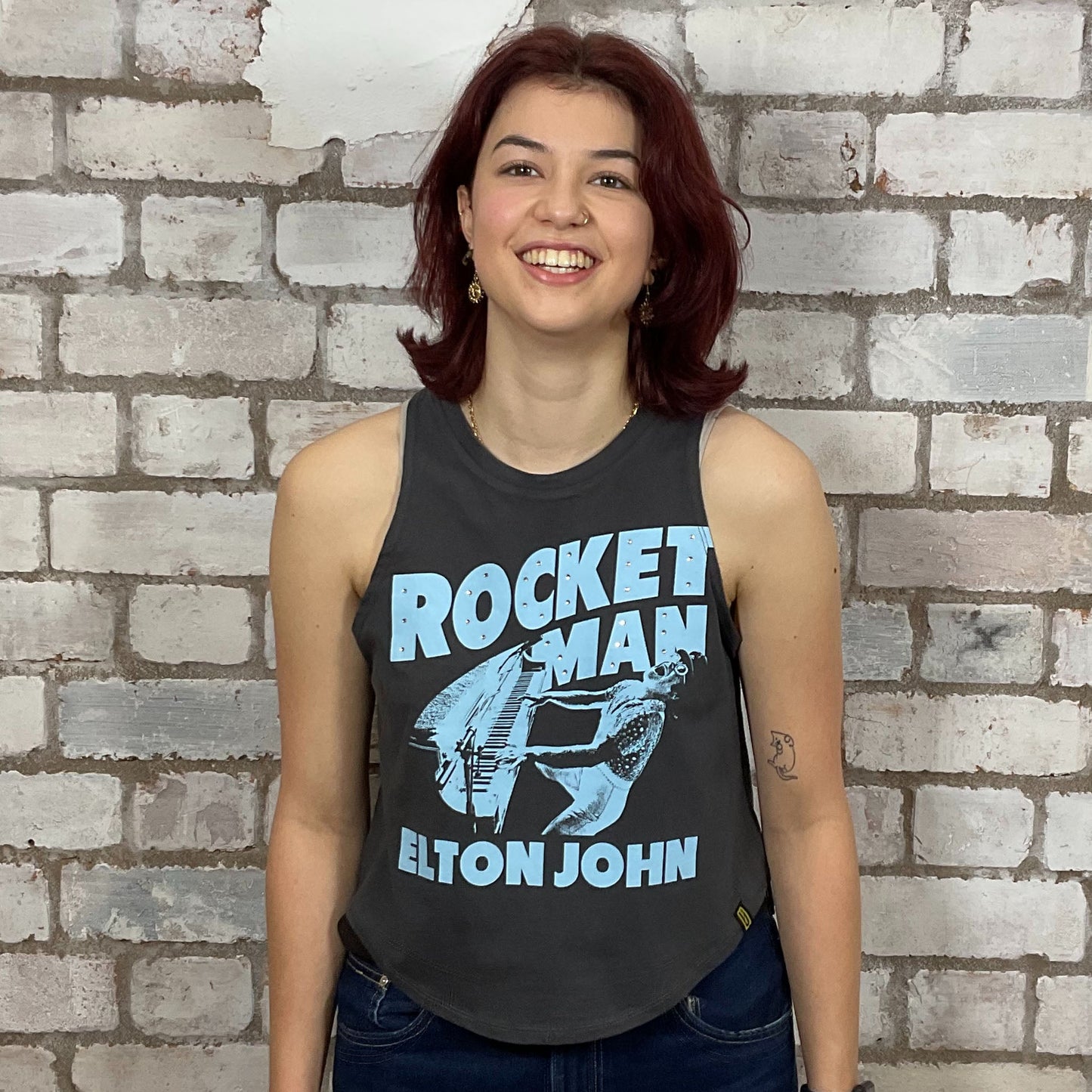 The Rocket Man, Elton John graphic print, 100% cotton fabric, Unwantee made from upcycled and deconstructed graphic tshirt, punk rock style street wear, athleisure wear, unwantees is a sustainable fashion brand, we take unwanted graphic tshirts otherwise destined for landfill and recycle clothing into vest tops for sports wear or leisure.  Refashioned band merch, Slash Neck Sleeveless Top