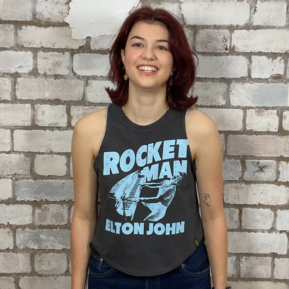 The Rocket Man, Elton John graphic print, 100% cotton fabric, Unwantee made from upcycled and deconstructed graphic tshirt, punk rock style street wear, athleisure wear, unwantees is a sustainable fashion brand, we take unwanted graphic tshirts otherwise destined for landfill and recycle clothing into vest tops for sports wear or leisure.  Refashioned band merch, Slash Neck Sleeveless Top