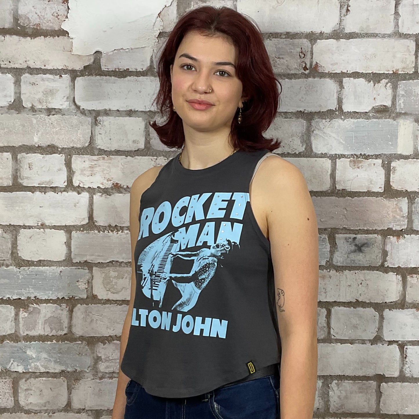 Rocket Man, Elton John graphic print, 100% cotton fabric, Unwantee made from upcycled and deconstructed graphic tshirt, punk rock style street wear, athleisure wear, unwantees is a sustainable fashion brand, we take unwanted graphic tshirts otherwise destined for landfill and recycle clothing into vest tops for sports wear or leisure.  Refashioned band merch, Slash Neck Sleeveless Top