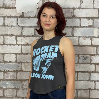 Rocket Man, Elton John graphic print, 100% cotton fabric, Unwantee made from upcycled and deconstructed graphic tshirt, punk rock style street wear, athleisure wear, unwantees is a sustainable fashion brand, we take unwanted graphic tshirts otherwise destined for landfill and recycle clothing into vest tops for sports wear or leisure.  Refashioned band merch, Slash Neck Sleeveless Top