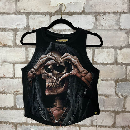 Cute Skeleton Love Racerback Unwantee Upcycle Tank Top upcycled by Unwantees, sustainable fashion made in great Britain from vintage graphic tshirt