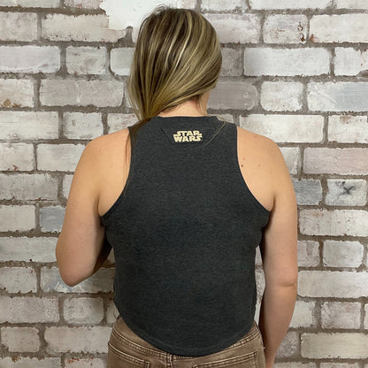 Epic Star Wars print, 100% cotton fabric, Unwantee made from upcycled and deconstructed graphic tshirt, punk rock style street wear, athleisure wear, unwantees is a sustainable fashion brand, we take unwanted graphic tshirts otherwise destined for landfill and recycle clothing into vest tops for sports wear or leisure.  Refashioned band merch, Slash Neck Sleeveless Top