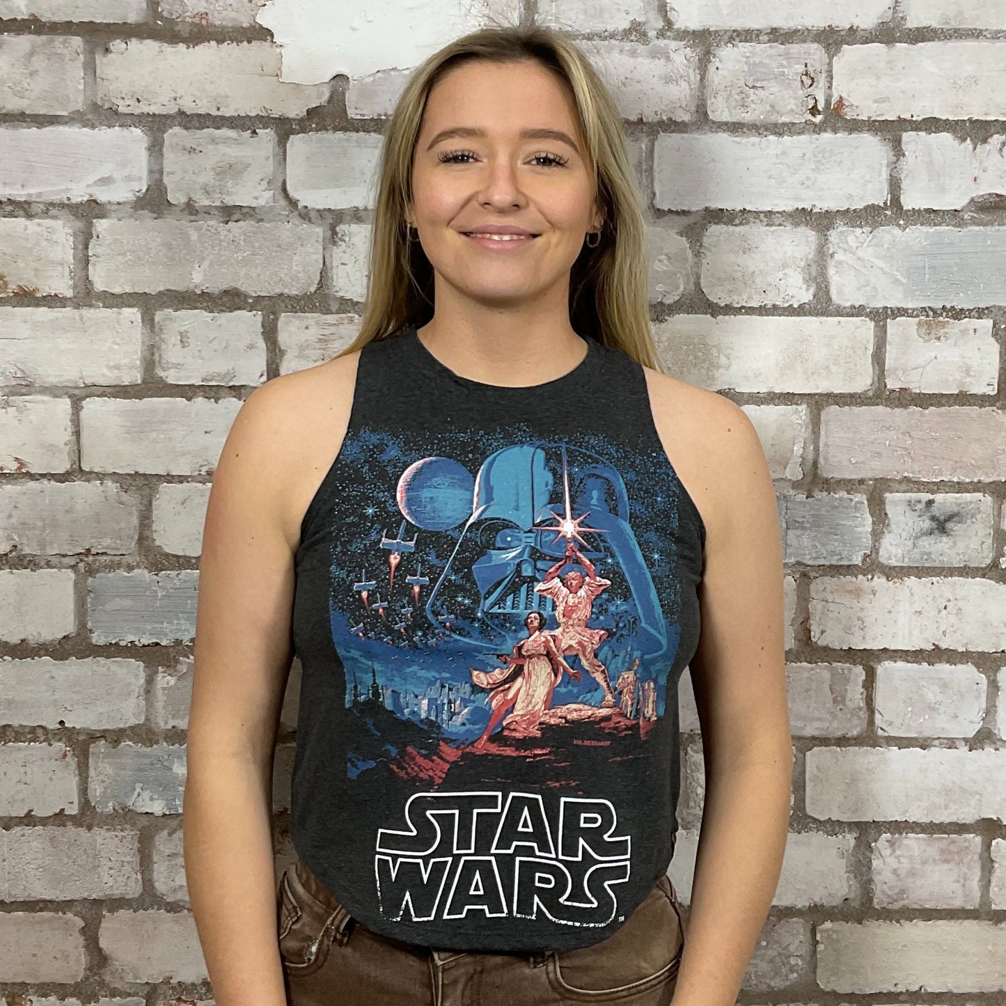 Star Wars graphic print, 100% cotton fabric, Unwantee made from upcycled and deconstructed graphic tshirt, punk rock style street wear, athleisure wear, unwantees is a sustainable fashion brand, we take unwanted graphic tshirts otherwise destined for landfill and recycle clothing into vest tops for sports wear or leisure.  Refashioned band merch, Slash Neck Sleeveless Top