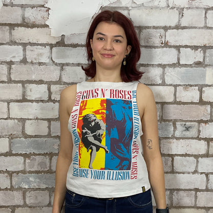 Use your Illusion Guns’N’Roses graphic print, 100% cotton fabric, Unwantee made from upcycled and deconstructed graphic tshirt, punk rock style street wear, athleisure wear, unwantees is a sustainable fashion brand, we take unwanted graphic tshirts otherwise destined for landfill and recycle clothing into vest tops for sports wear or leisure.  Refashioned band merch, Slash Neck Sleeveless Top