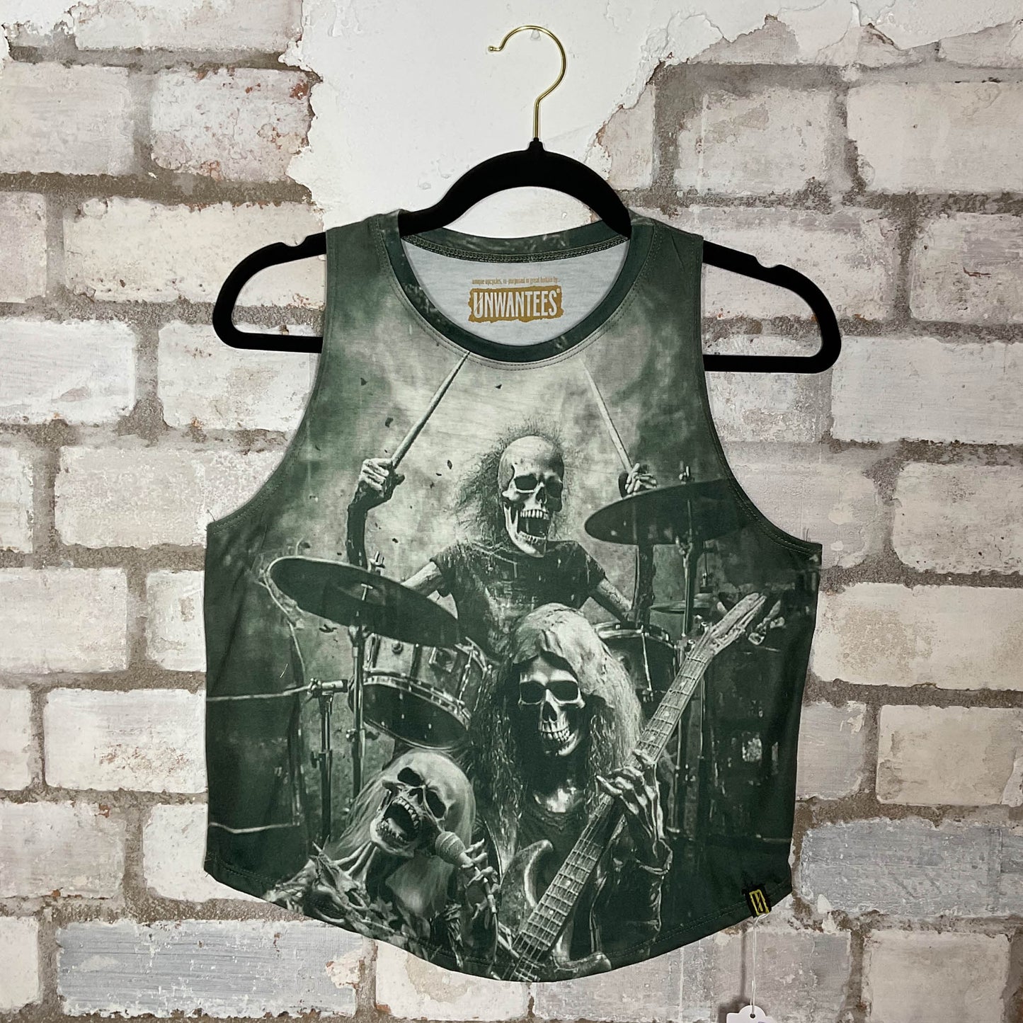 Skeleton Rock Band Green Racerback Unwantee Upcycle Tank Top upcycled by Unwantees, sustainable fashion made in great Britain from vintage graphic tshirt