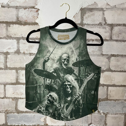 Skeleton Rock Band Green Racerback Unwantee Upcycle Tank Top upcycled by Unwantees, sustainable fashion made in great Britain from vintage graphic tshirt