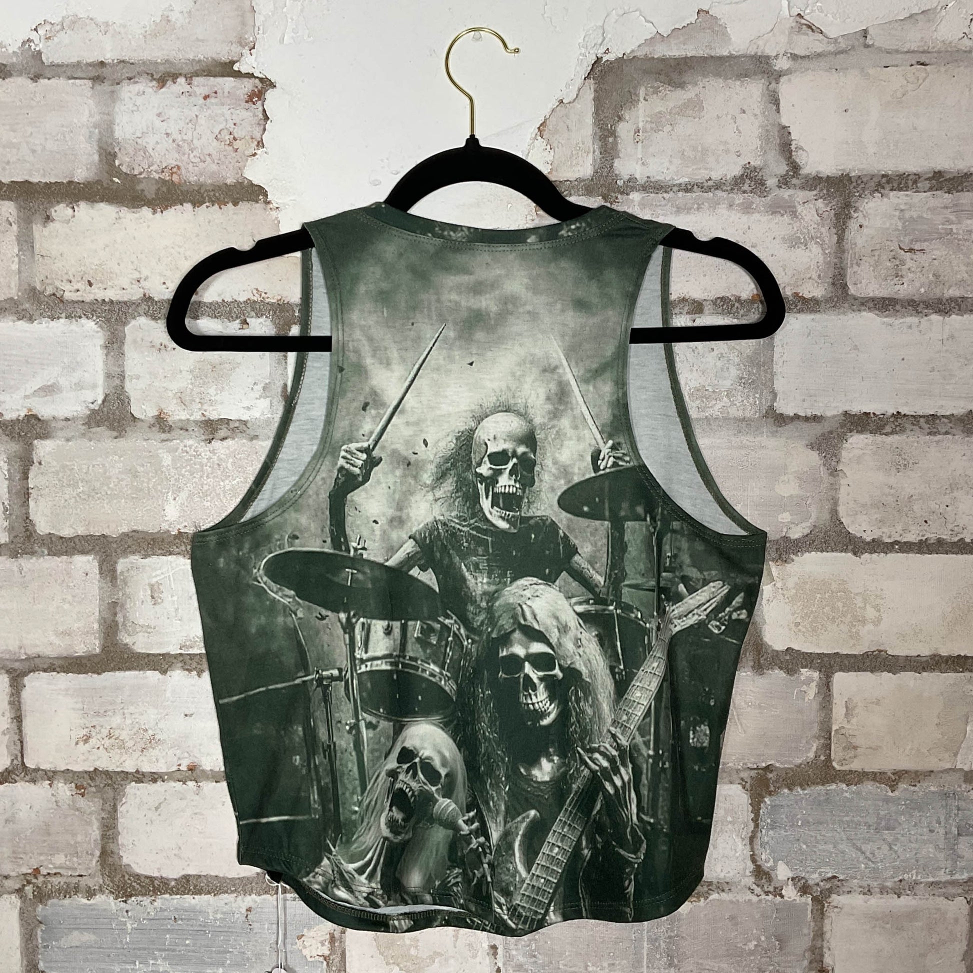 Skeleton Rock Band Green Racerback Unwantee Upcycle Tank Top upcycled by Unwantees, sustainable fashion made in great Britain from vintage graphic tshirt rear View