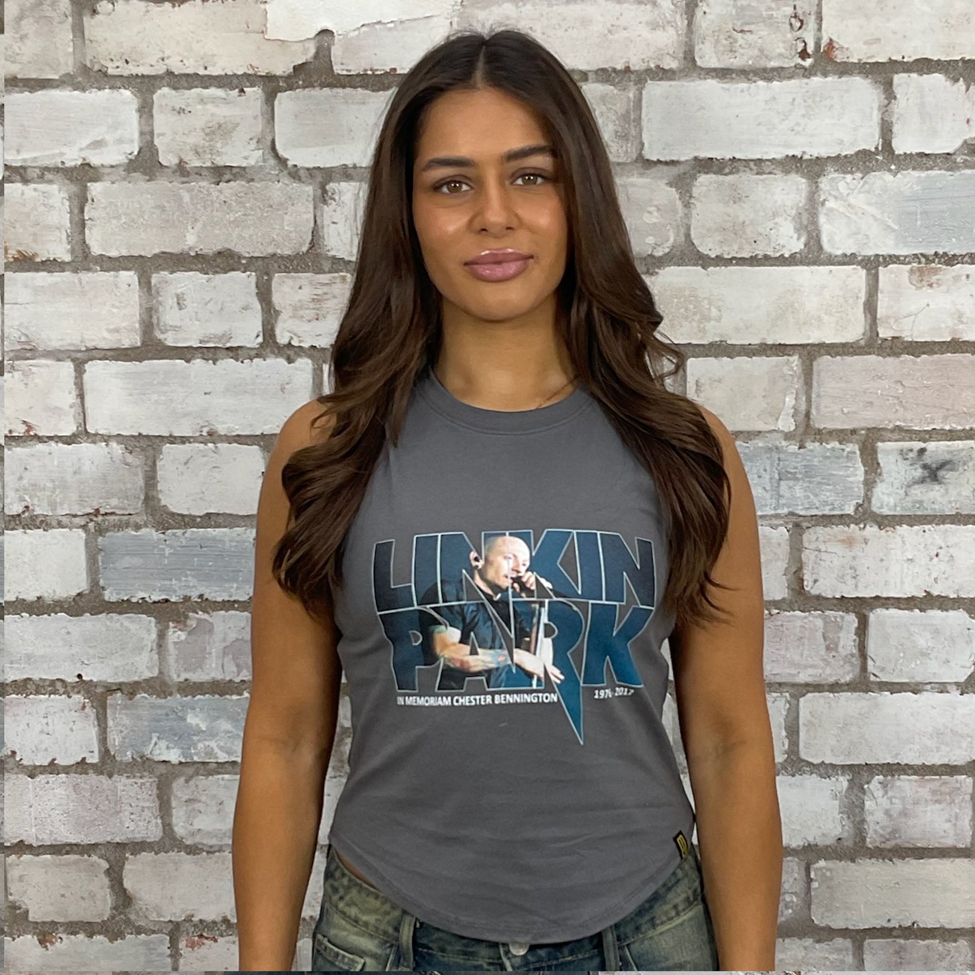 Linkin Park Band Print on grey tshirt recycled into sleeveless Slash Neck vest top, sustainable upcycled fashion, British recycled grunge brand, slow fashion, Punk Rock music style graphic tshirt upcycled by Unwantees, tshirt upcycled in the UK by unwantees. Sustainable upcycled fashion. Graphic tshirt upcycled by Unwantees recycled tshirt otherwise destined for landfill.  
