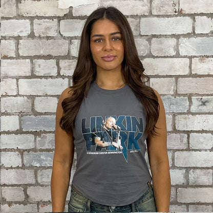 Linkin Park Band Print on grey tshirt recycled into sleeveless Slash Neck vest top, sustainable upcycled fashion, British recycled grunge brand, slow fashion, Punk Rock music style graphic tshirt upcycled by Unwantees, tshirt upcycled in the UK by unwantees. Sustainable upcycled fashion. Graphic tshirt upcycled by Unwantees recycled tshirt otherwise destined for landfill.  