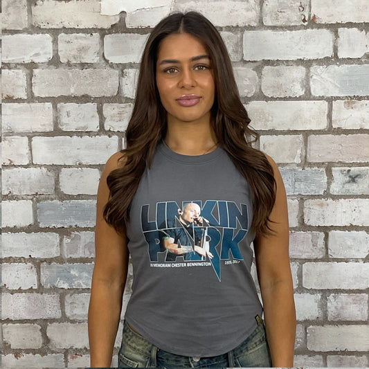 Linkin Park Band Print on grey tshirt recycled into sleeveless Slash Neck vest top, sustainable upcycled fashion, British recycled grunge brand, slow fashion, Punk Rock music style graphic tshirt upcycled by Unwantees, tshirt upcycled in the UK by unwantees. Sustainable upcycled fashion. Graphic tshirt upcycled by Unwantees recycled tshirt otherwise destined for landfill.  