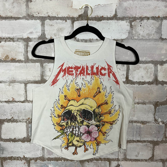 Metallica White Racerback Unwantee Upcycle Tank Top upcycled by Unwantees, sustainable fashion made in great Britain from vintage graphic tshirt