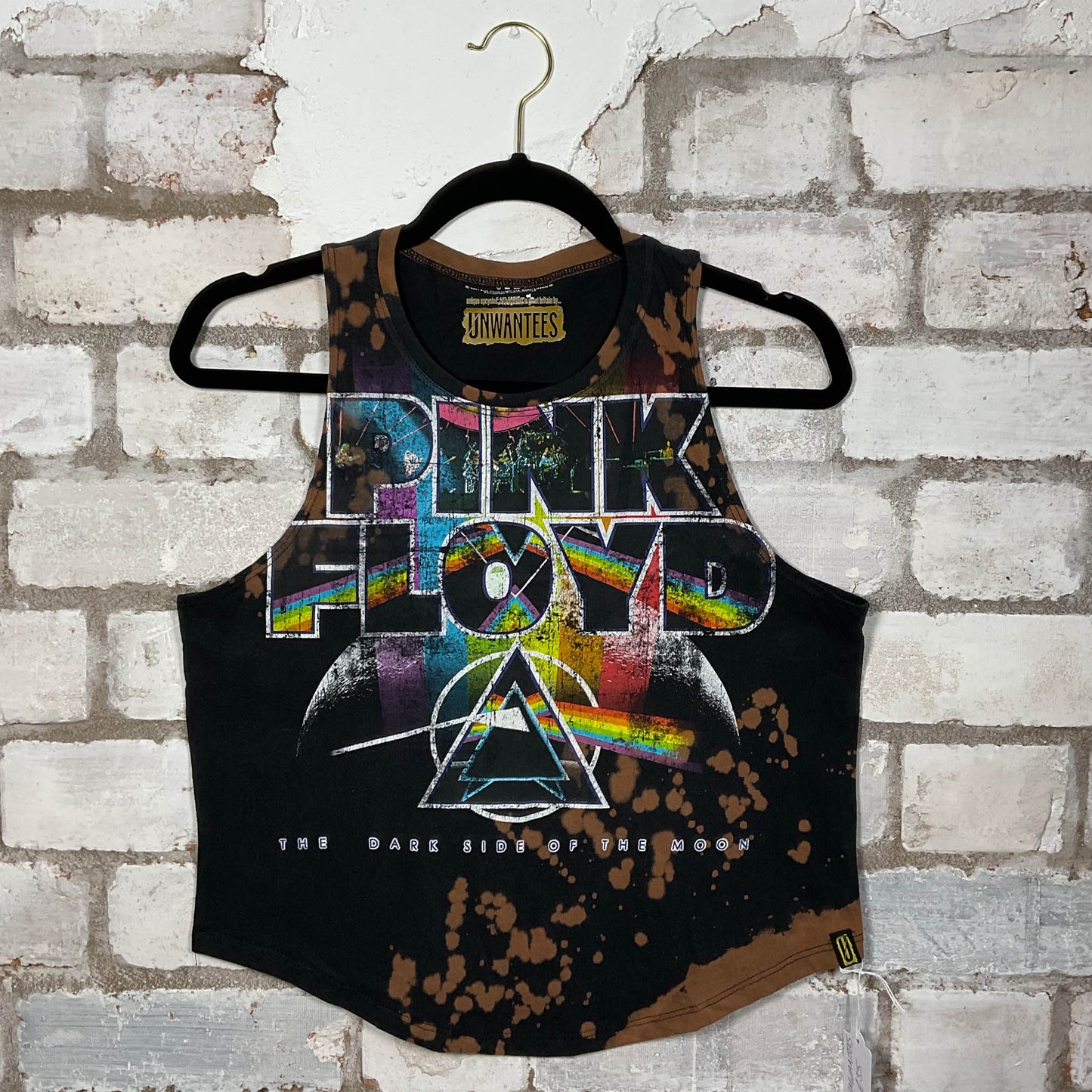 Pink Floyd Dark Side of the Moon band graphics on a Tye Dye black cotton Racerback Tank Top upcycled by Unwantees, sustainable fashion made in Great Britain from vintage graphic tshirt 