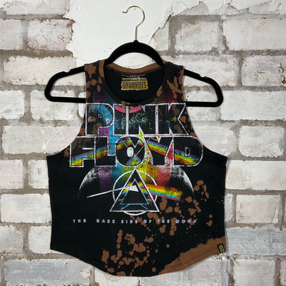 Pink Floyd Dark Side of the Moon band graphics on a Tye Dye black cotton Racerback Tank Top upcycled by Unwantees, sustainable fashion made in Great Britain from vintage graphic tshirt 