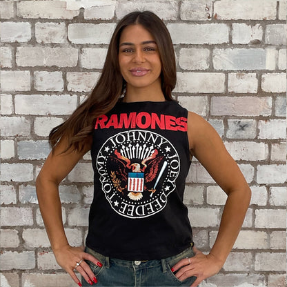 The Ramones recycled tshirt upcycled into a Slash Neck vest top, sustainable fashion, British recycled grunge brand, slow fashion, Punk Rock music style graphic tshirt upcycled by Unwantees. Sustainable upcycled fashion tshirt upcycled in the UK by unwantees. Graphic tshirt upcycled by Unwantees recycled tshirt otherwise destined for landfill.  