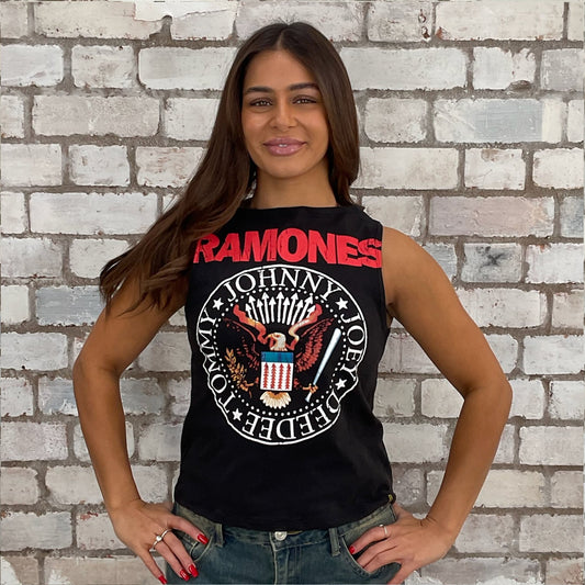 The Ramones recycled tshirt upcycled into a Slash Neck vest top, sustainable fashion, British recycled grunge brand, slow fashion, Punk Rock music style graphic tshirt upcycled by Unwantees. Sustainable upcycled fashion tshirt upcycled in the UK by unwantees. Graphic tshirt upcycled by Unwantees recycled tshirt otherwise destined for landfill.  