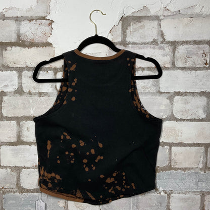 Back View of Pink Floyd Dark Side of the Moon band graphics on a Tye Dye black cotton Racerback Tank Top upcycled by Unwantees, sustainable fashion made in Great Britain from vintage graphic tshirt 