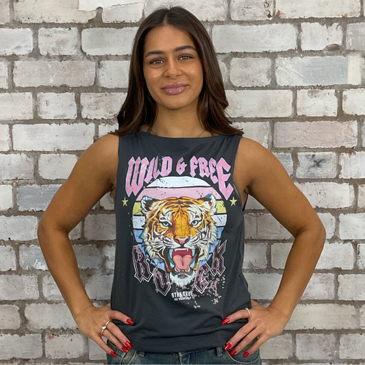 Upcycled graphic tshirt upcycled into a tank top by unwantees. Tiger print with Stay True Wild & Free graphics, Sustainable fashion brand Unwantees recycled vintage tshirts otherwise destined for landfill.  Sustainable upcycled fashion, Rock Music Style, sleeveless tank top, sustainable upcycled fashion