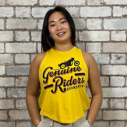 Genuine Rider graphic print on 100% golden yellow cotton fabric, Unwantee made from upcycled and deconstructed graphic tshirt, punk rock style street wear, athleisure wear, unwantees is a sustainable fashion brand, we take unwanted graphic tshirts otherwise destined for landfill and recycle clothing into vest tops for sports wear or leisure.  Refashioned band merch, Slash Neck Sleeveless Top