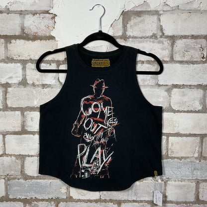 Nightmare on Elm Street, Freddie Krueger Horror Movie graphics on black cotton Racerback Tank Top upcycled by Unwantees, sustainable fashion made in Great Britain from vintage graphic tshirt 